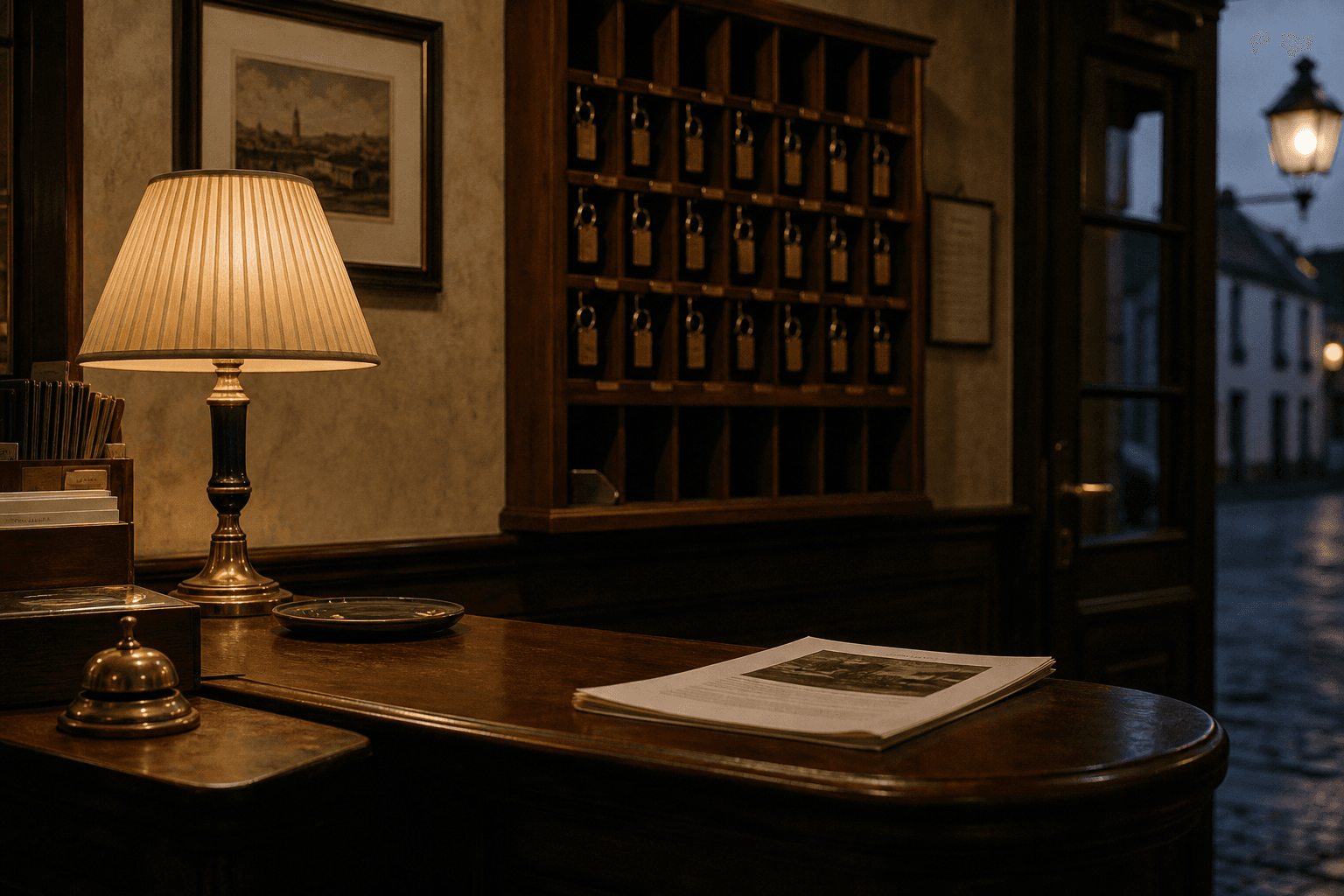 Réception d'un hôtel indépendant à la tombée du jour, un rapport imprimé posé sur le comptoir