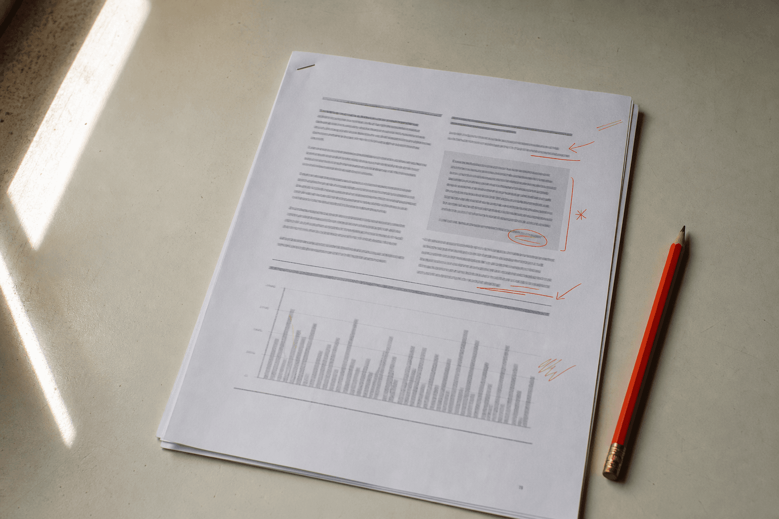 Rapport imprimé annoté au crayon rouge, posé sur un bureau clair